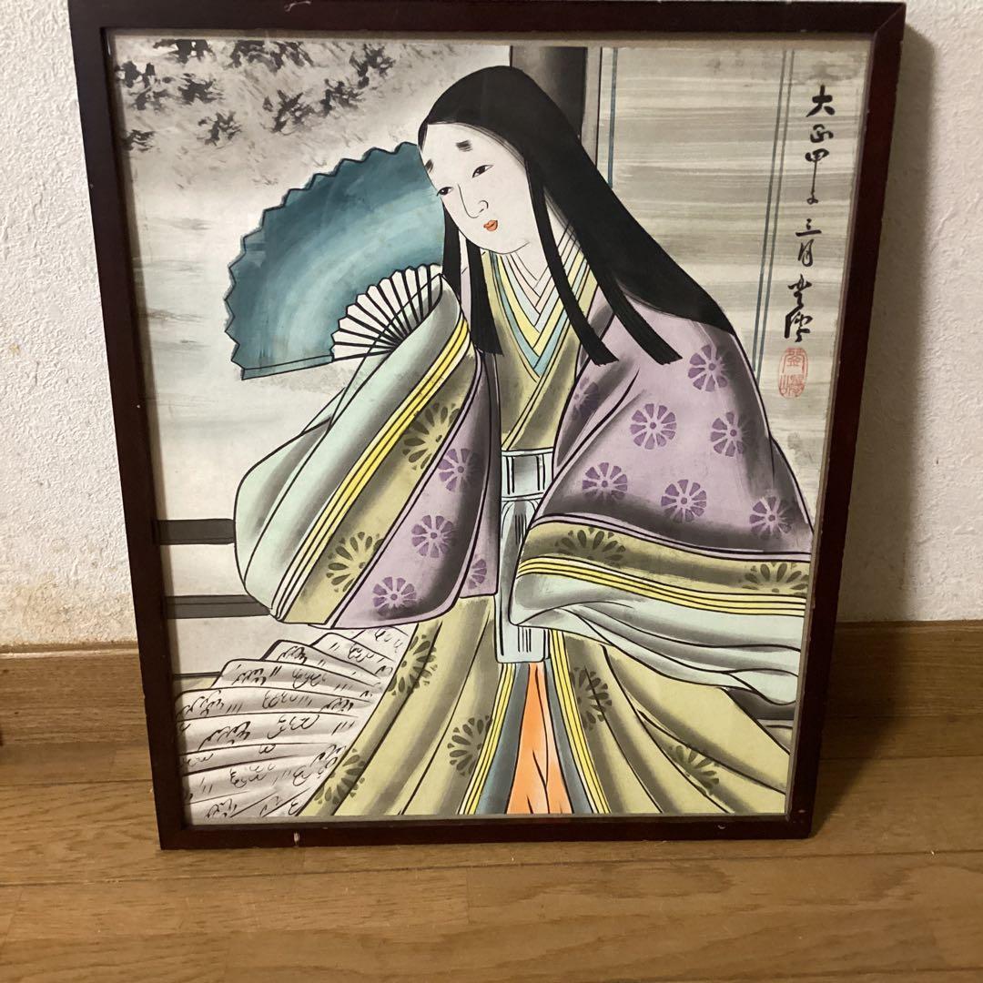 青柳琴僊　日本画【美人図】大正13年3月作品　木枠額装　落款印譜　模写　レア品