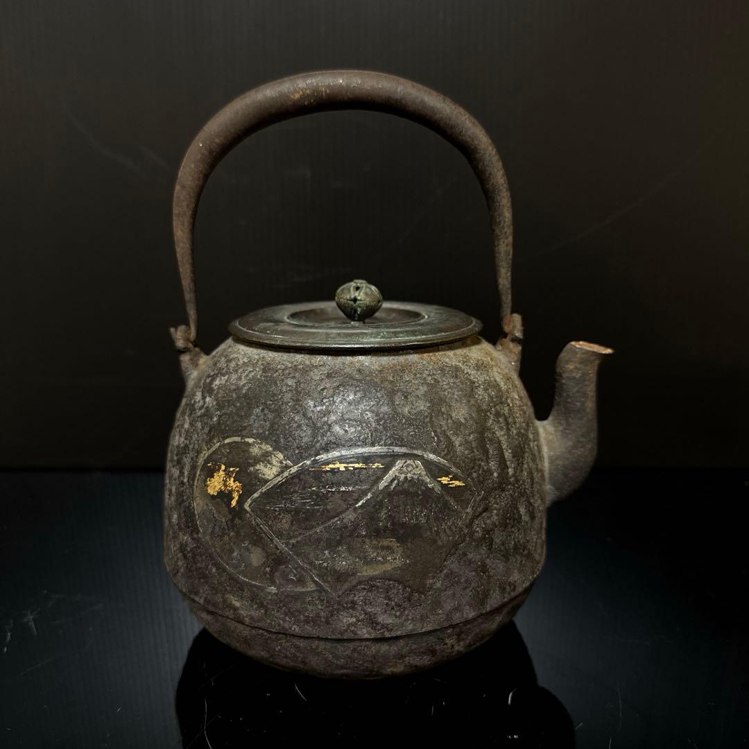龍文堂 造 金銀象嵌 富士華鳥図 鉄瓶 茶道具