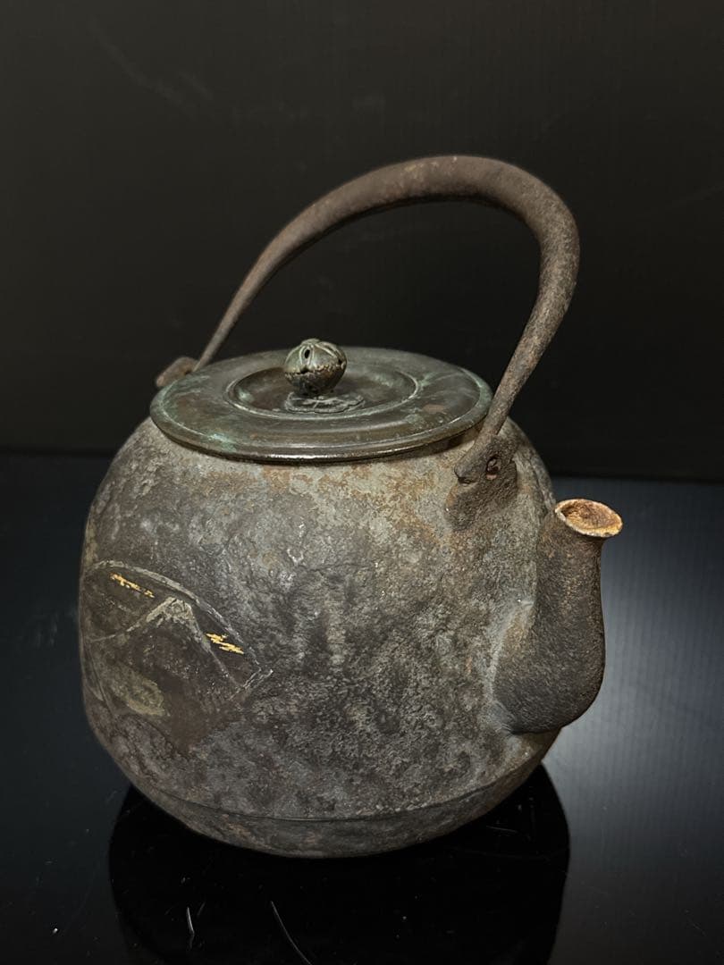 龍文堂 造 金銀象嵌 富士華鳥図 鉄瓶 茶道具