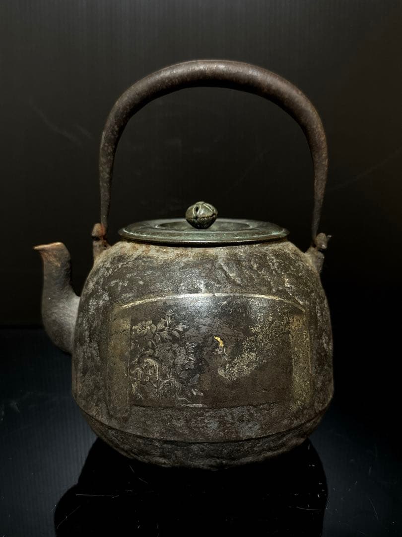 龍文堂 造 金銀象嵌 富士華鳥図 鉄瓶 茶道具