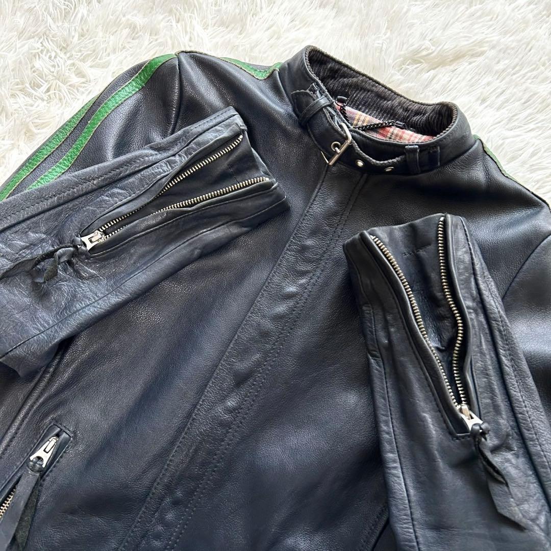 希少色　ショット　シングルライダースジャケット　牛革　グレーネイビー　S相当