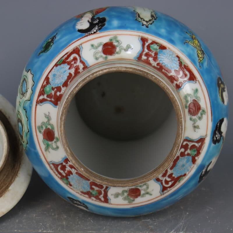 康熙藍地パステル人物将軍缶  景徳鎮 陶磁器 装飾品 現代工芸品 美術品 置物