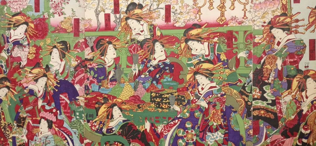 浮世絵版画、東京新吉原別品揃三枚綴り、橋本周延画明治11年1月出版