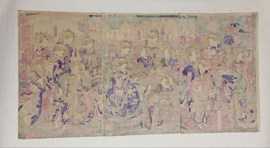 浮世絵版画、東京新吉原別品揃三枚綴り、橋本周延画明治11年1月出版