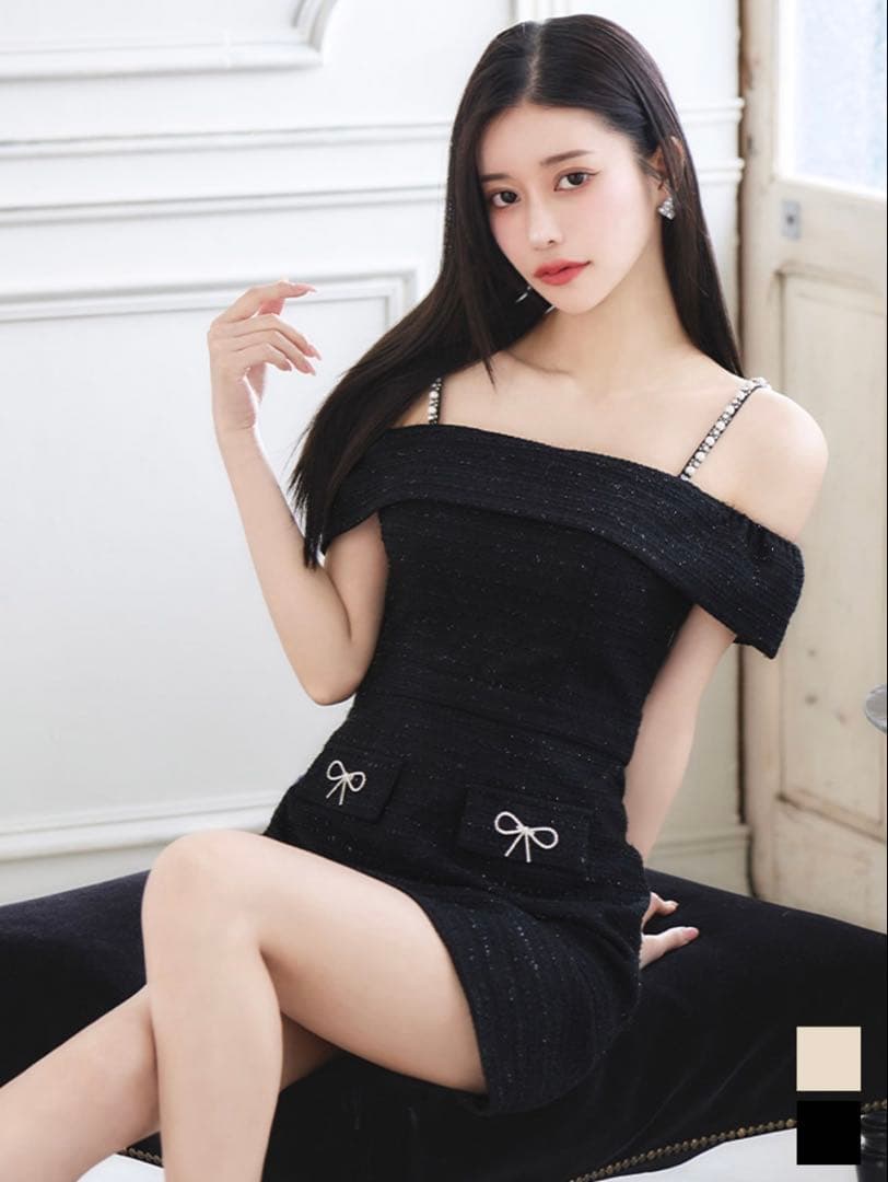 黒 オフショルダー ツイードドレス ミニ丈 Jewels キャバドレス ドレス