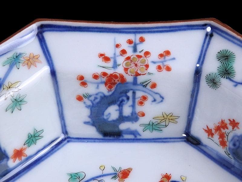 大聖寺伊万里　染錦　柿右衛門写　松竹梅の図　八角膾皿　N293AS-fbuj