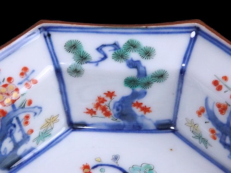 大聖寺伊万里　染錦　柿右衛門写　松竹梅の図　八角膾皿　N293AS-fbuj