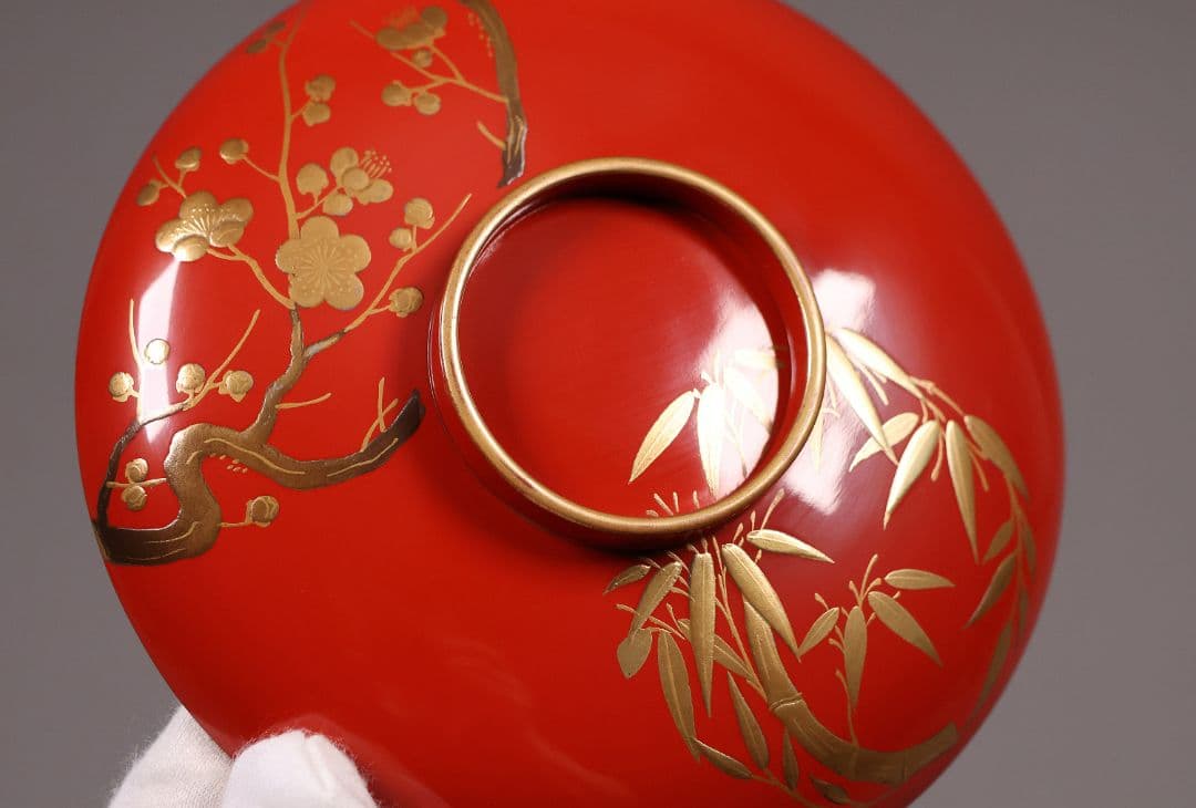 【CM248】時代木製漆器 松竹梅 金蒔絵 朱塗 引盃 五客 木製漆器 小皿 杯