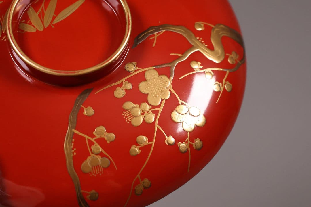 【CM248】時代木製漆器 松竹梅 金蒔絵 朱塗 引盃 五客 木製漆器 小皿 杯