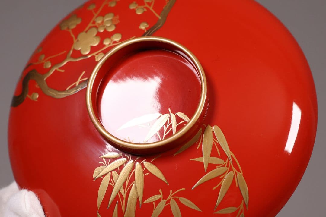 【CM248】時代木製漆器 松竹梅 金蒔絵 朱塗 引盃 五客 木製漆器 小皿 杯