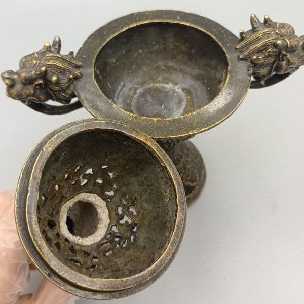 銅器 高脚双龍飛鳳薫香炉 客間茶室書斎華貴 大方得体薫香炉 装飾品 工芸品 置物