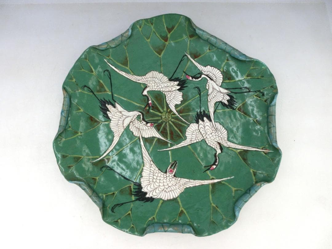 時代物 萬古焼 古萬古 鶴文 蓮型 蓮葉 皿 大皿 良品 骨董 古玩 傷なし