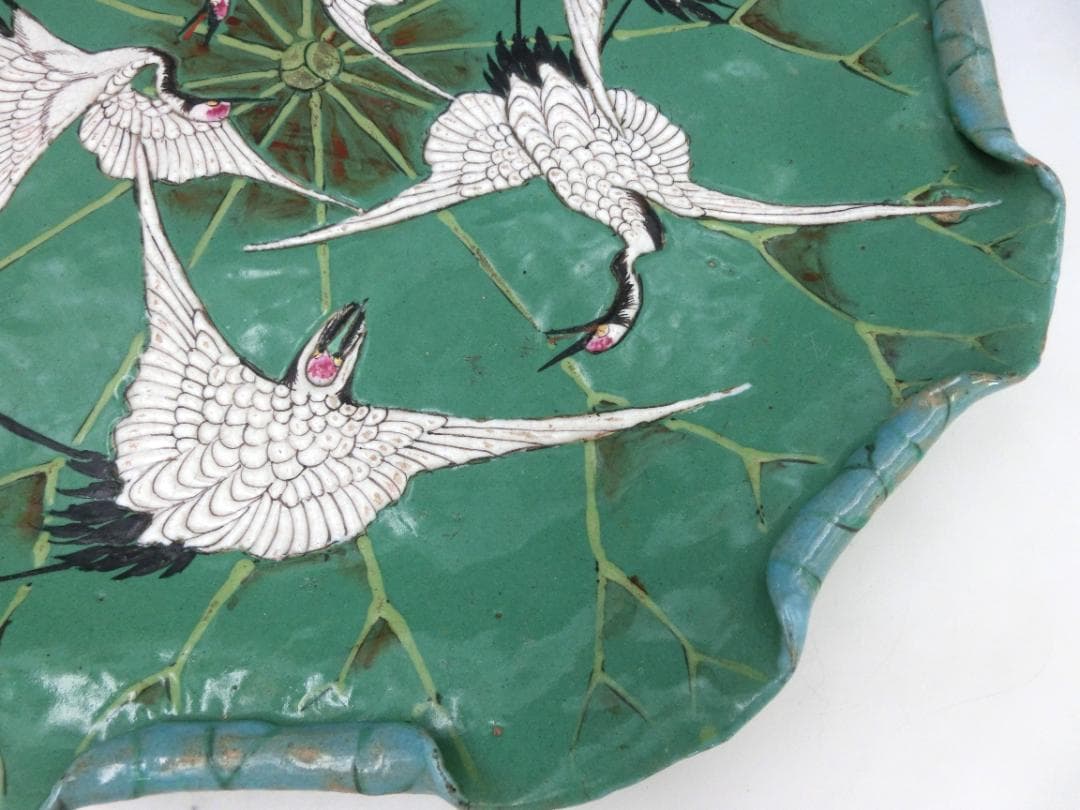 時代物 萬古焼 古萬古 鶴文 蓮型 蓮葉 皿 大皿 良品 骨董 古玩 傷なし