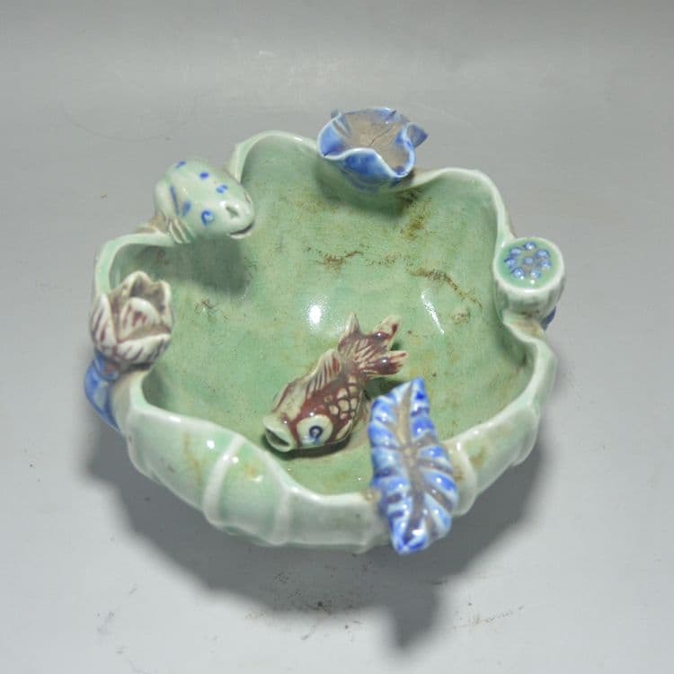 手開片釉緑釉蓮葉筆洗 水洗 陶磁器書道具 文房具 装飾品 工芸品 美術品 置物