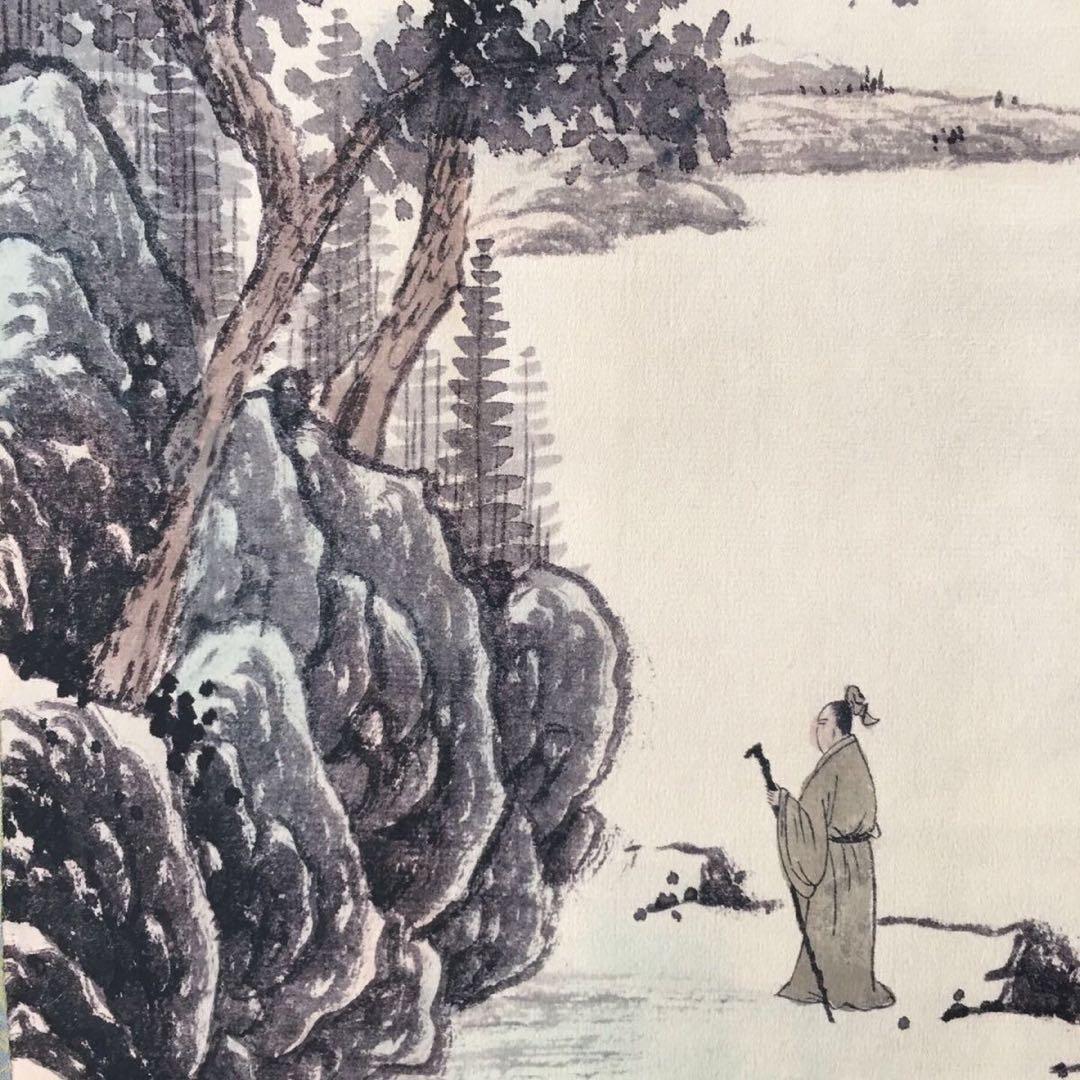 唐伯虎 倚石観川 四条屏 掛け軸｜中国山水画｜表装済み