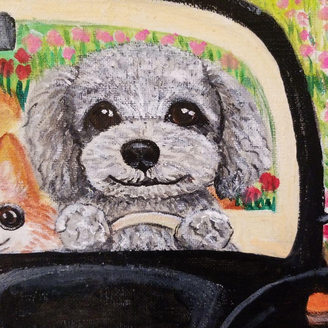 油絵 Yumiko ワーゲンに乗る犬の家族