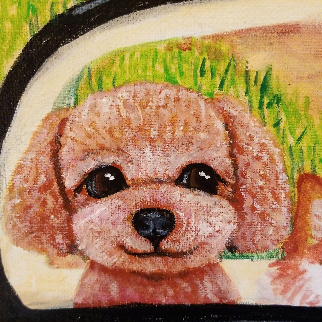 油絵 Yumiko ワーゲンに乗る犬の家族