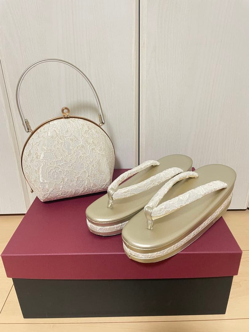 チョコ 和装 草履バッグセット レース 白 金 ゴールド ホワイト