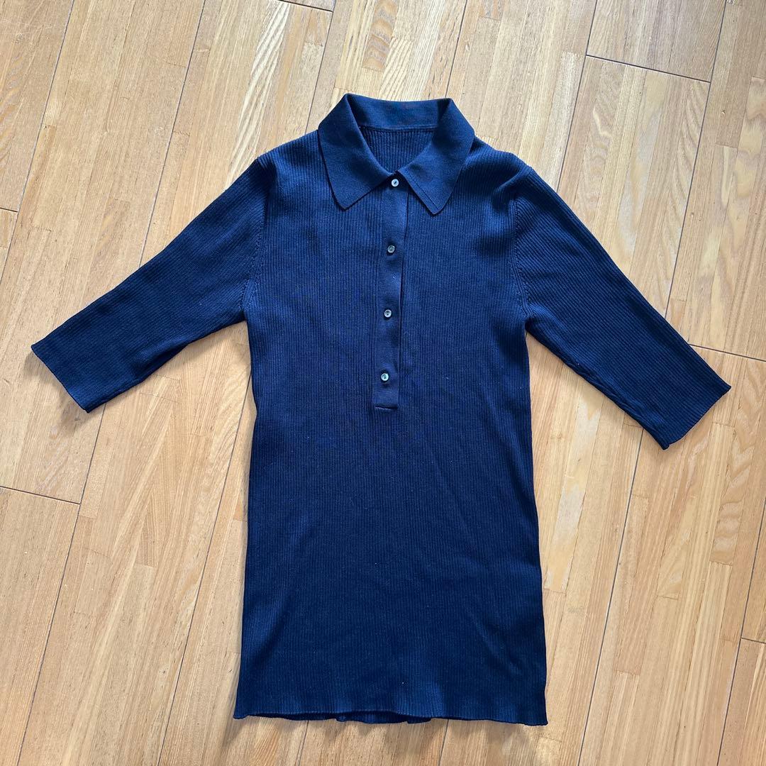 【新品】Ballseyネイビーリブ編み五分丈ポロシャツ