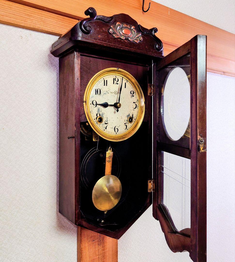 〈完動・美品〉今津菊次郎時計菱KI印　変り装飾ゼンマイ振り子時計