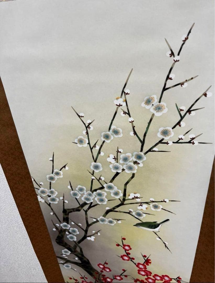 紅白梅に鶯　平松耕一　肉筆　掛軸