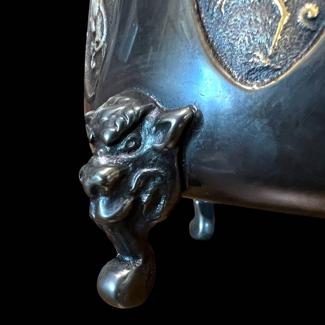《希少未使用》高岡銅器 能作 吉秀作 銅製 獅子摘龍鳳凰図金銀象嵌三つ足香炉 鸛