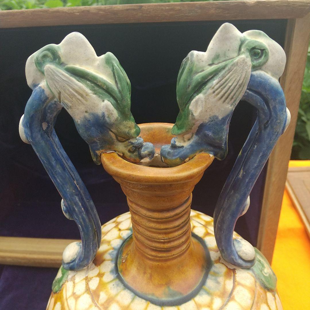 旧中国時代、唐三彩  双龍耳花瓶