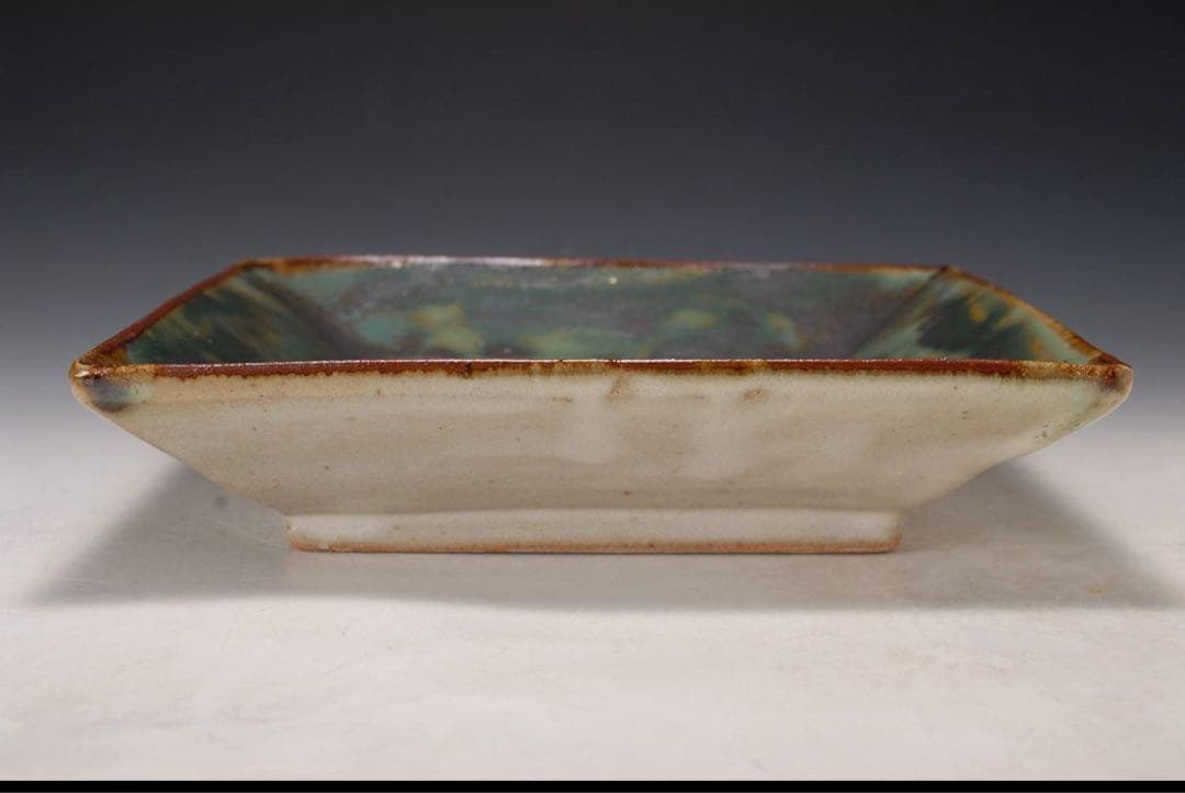 作家物 緑釉鉄絵角皿 検）島岡達三 陶器 陶芸 皿 角皿 民藝 民芸 骨董 壺