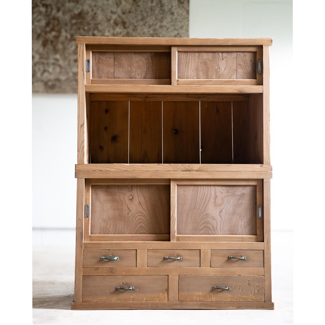 木製戸棚 古家具 2段重ね 収納棚 食器棚 幅890奥410高1210 送料込