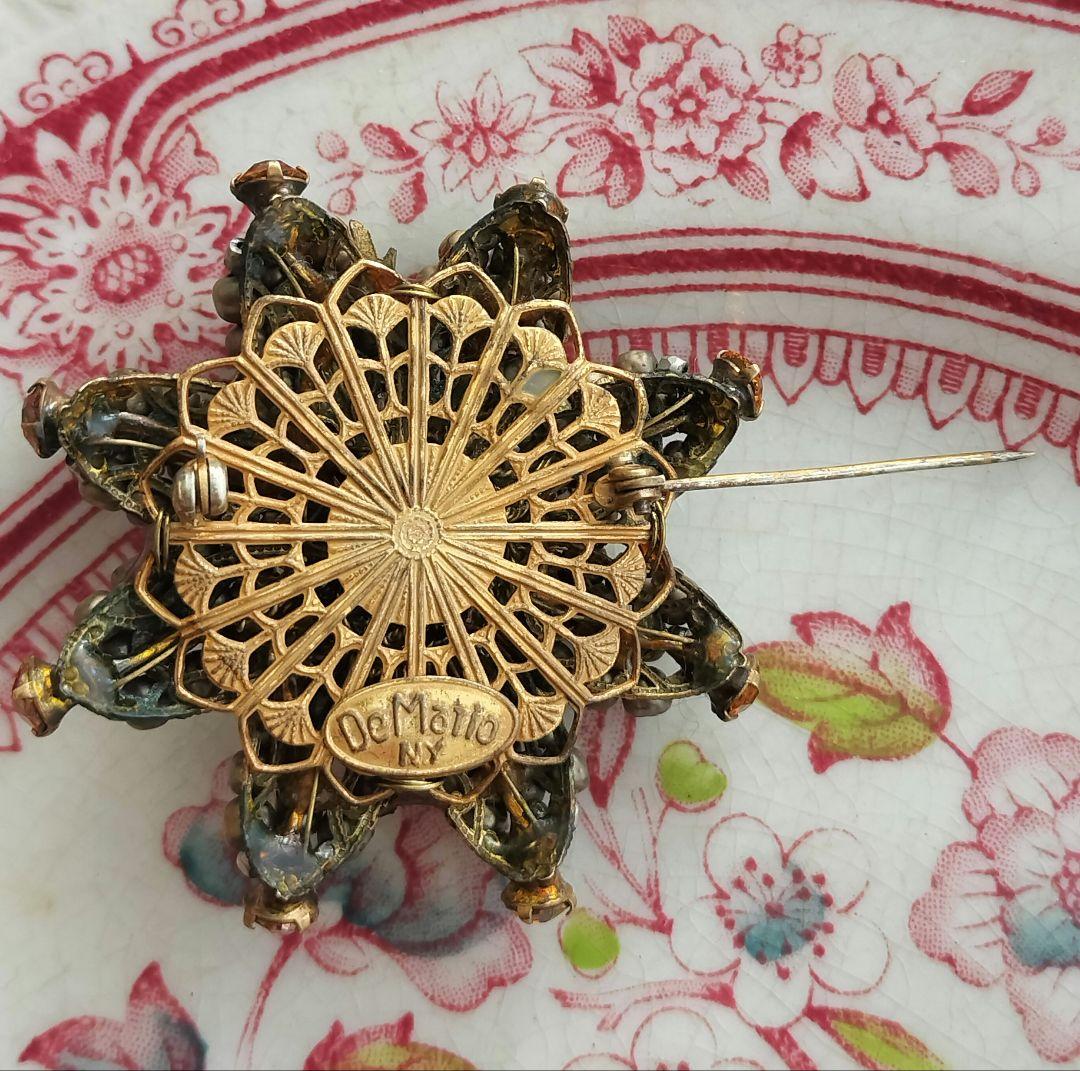 De Marioゴールドパール アンバー色ラインストーン 薔薇の蕾ブローチ 希少