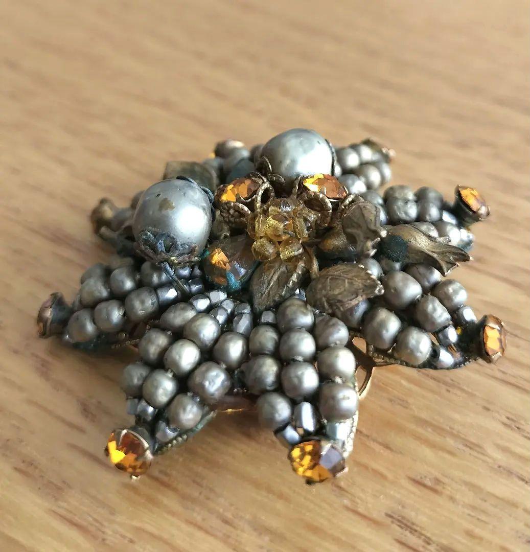 De Marioゴールドパール アンバー色ラインストーン 薔薇の蕾ブローチ 希少