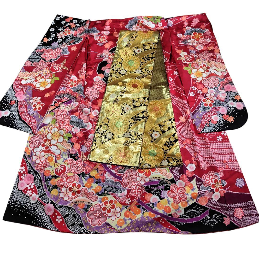 振袖フルセット(7点)・成人式・古典柄・金駒刺繍・金彩加工・鹿の子柄・正絹
