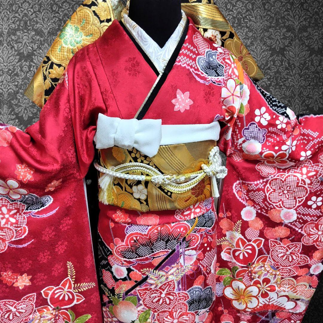 振袖フルセット(7点)・成人式・古典柄・金駒刺繍・金彩加工・鹿の子柄・正絹