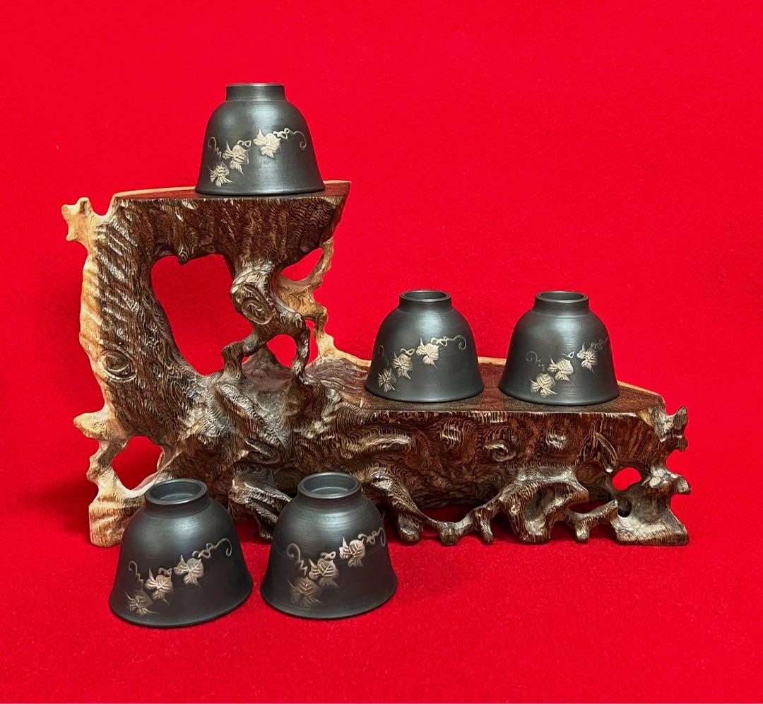 煎茶器揃 萬古焼 黒泥焼 煎茶器セット 慎旭造 茶道具 急須 湯冷まし 湯呑