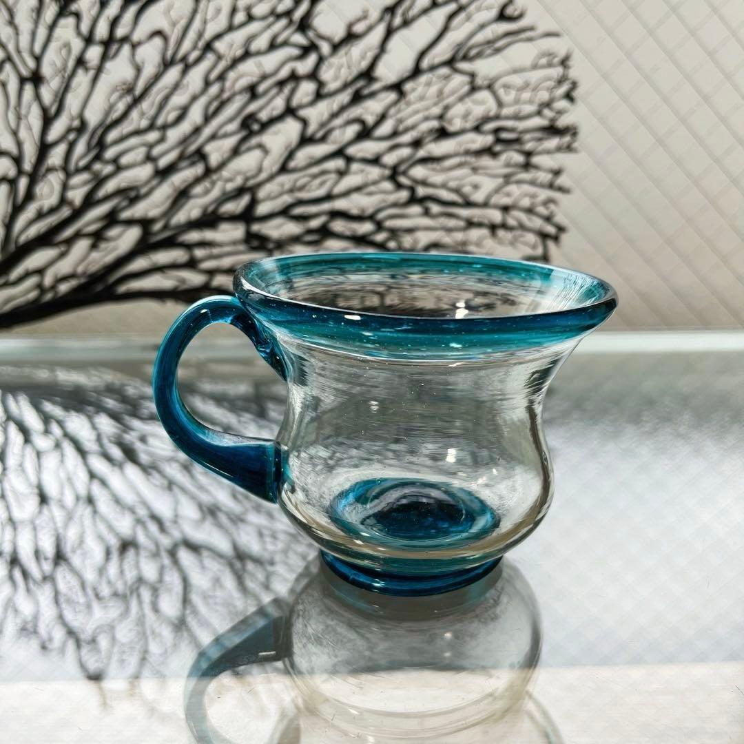 骨董　時代ガラス　希少青緑色フチ　取手付き　アイスクリームグラス　氷コップ