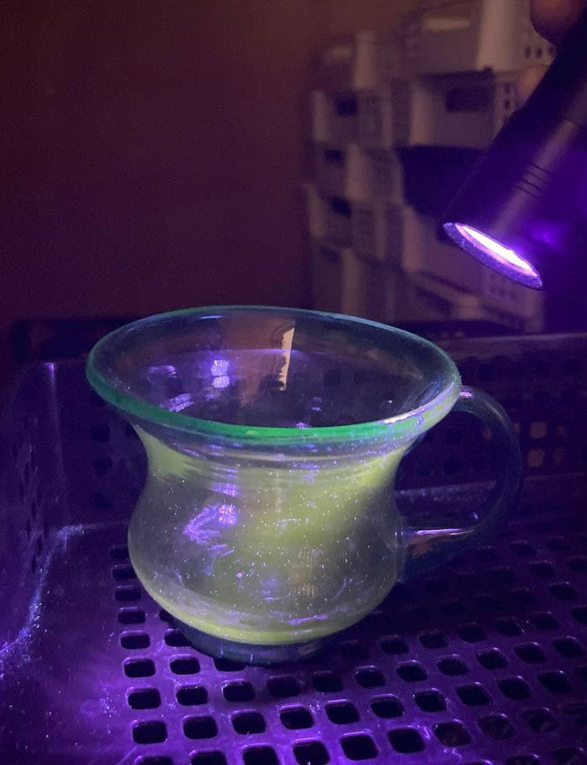 骨董　時代ガラス　希少青緑色フチ　取手付き　アイスクリームグラス　氷コップ