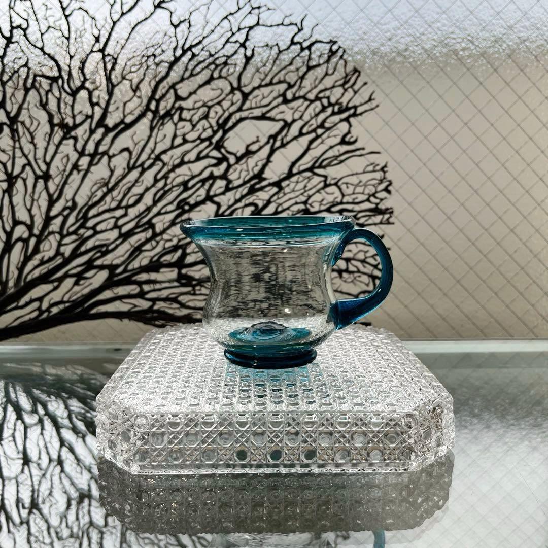 骨董　時代ガラス　希少青緑色フチ　取手付き　アイスクリームグラス　氷コップ