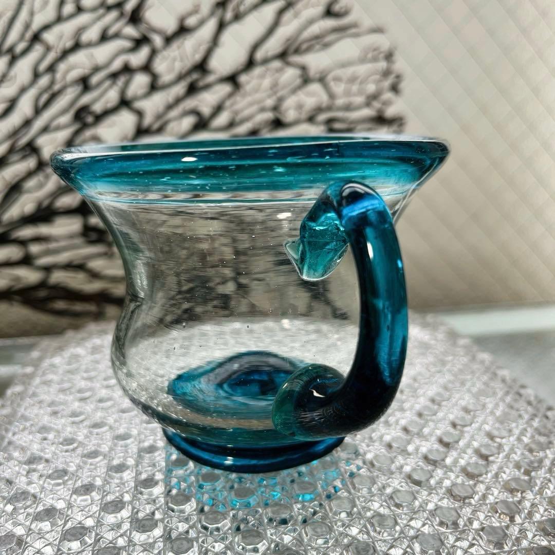 骨董　時代ガラス　希少青緑色フチ　取手付き　アイスクリームグラス　氷コップ