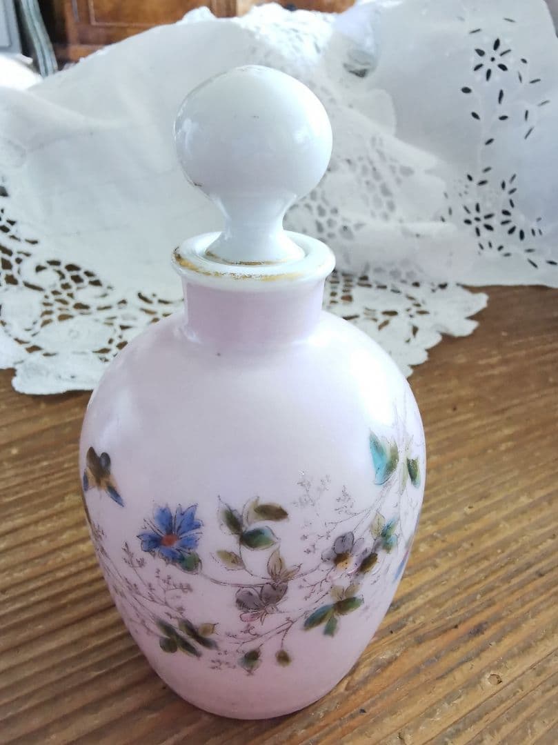 アンティーク リモージュ 手描き野草花瓶 オイル・パフュームボトル ペールピンク