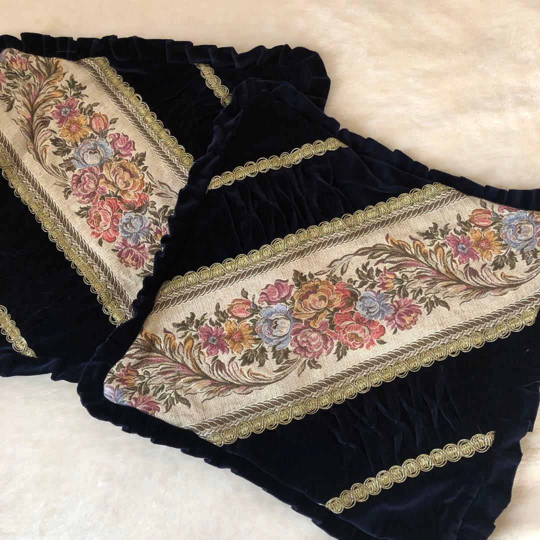 ゴブラン織り クッションカバー2個セット　アンティーク　ヨーロッパ　ブラック