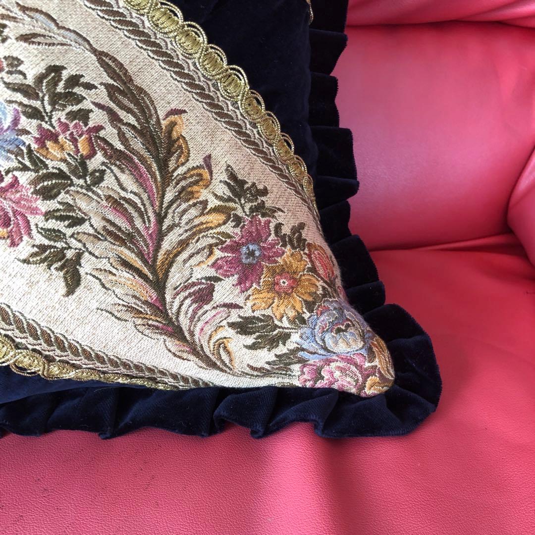 ゴブラン織り クッションカバー2個セット　アンティーク　ヨーロッパ　ブラック