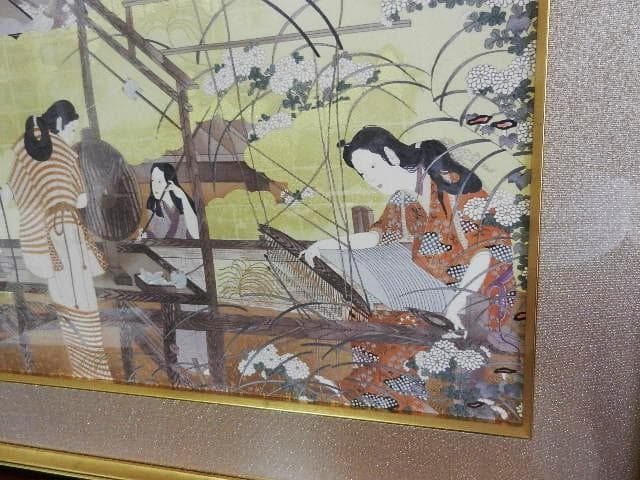 額装正絹染め江戸時代風俗絵「職人尽絵・機織図（しょくにんづくしえ・はたおりず）」