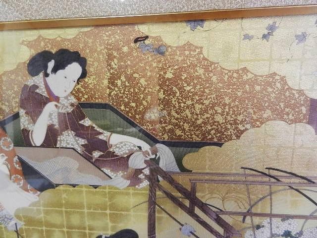 額装正絹染め江戸時代風俗絵「職人尽絵・機織図（しょくにんづくしえ・はたおりず）」