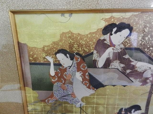 額装正絹染め江戸時代風俗絵「職人尽絵・機織図（しょくにんづくしえ・はたおりず）」