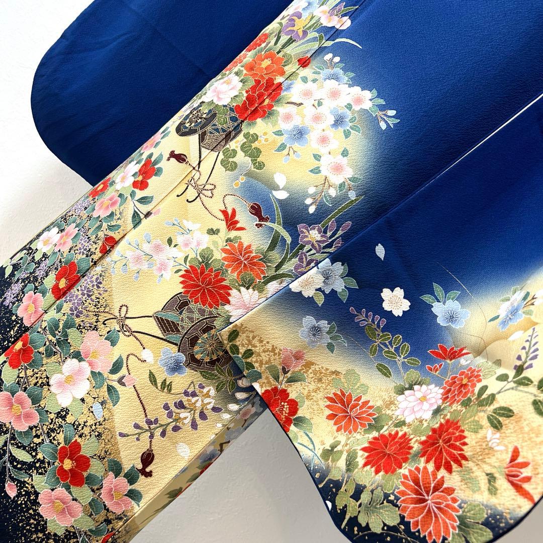439 振袖フルセット 正絹 顔 紺 ブルー 金彩 暈し染め シンプル 花車文
