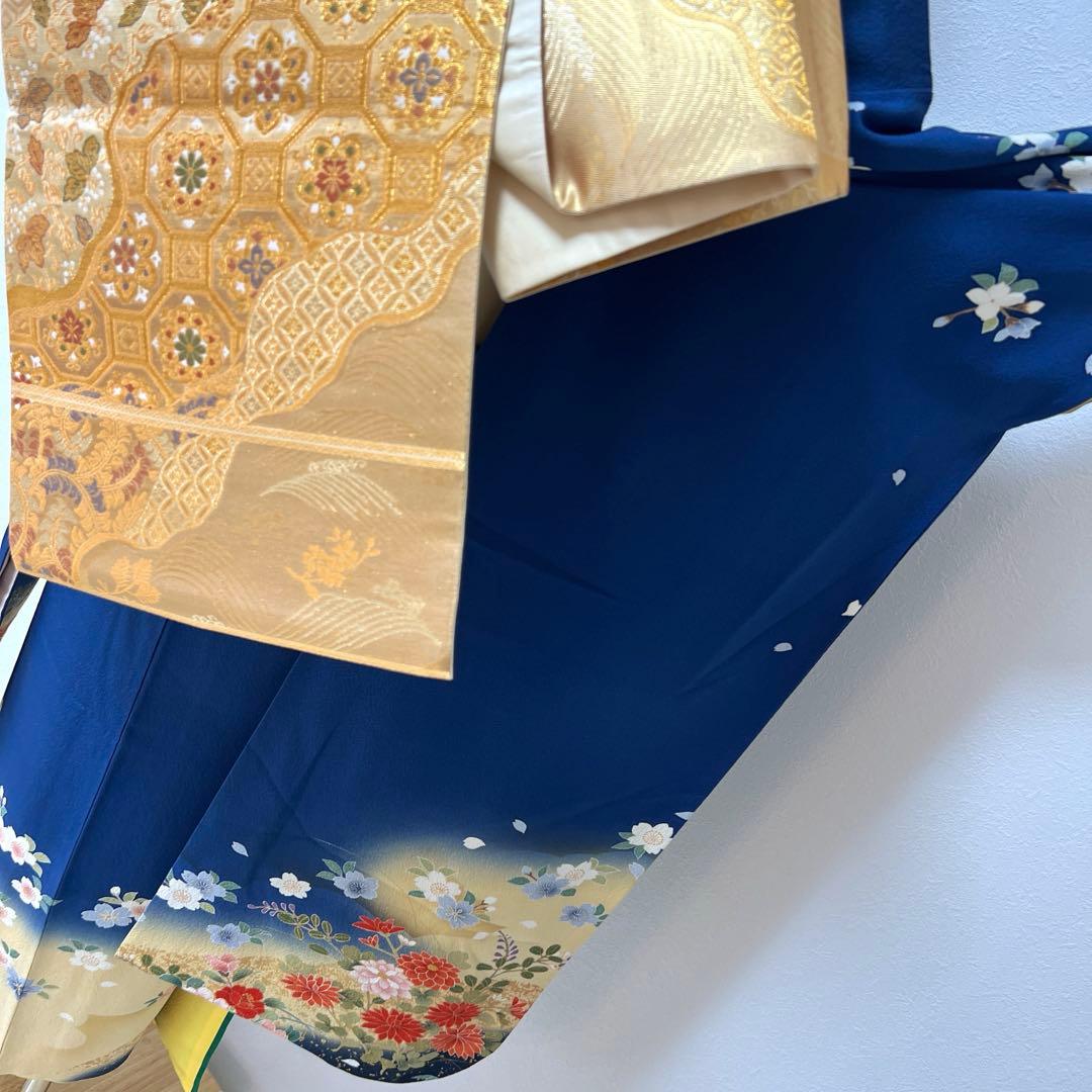 439 振袖フルセット 正絹 顔 紺 ブルー 金彩 暈し染め シンプル 花車文