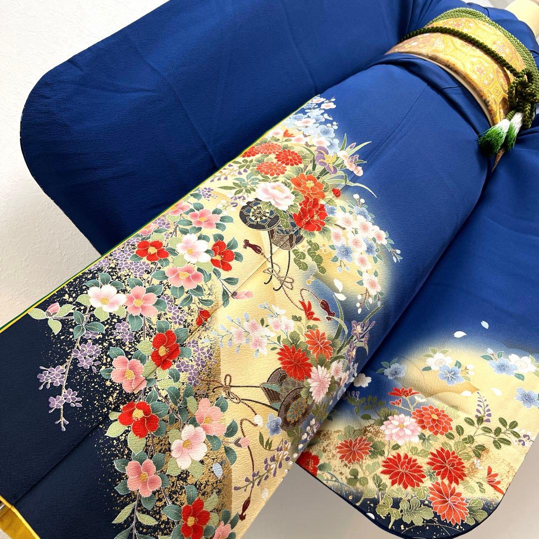 439 振袖フルセット 正絹 顔 紺 ブルー 金彩 暈し染め シンプル 花車文