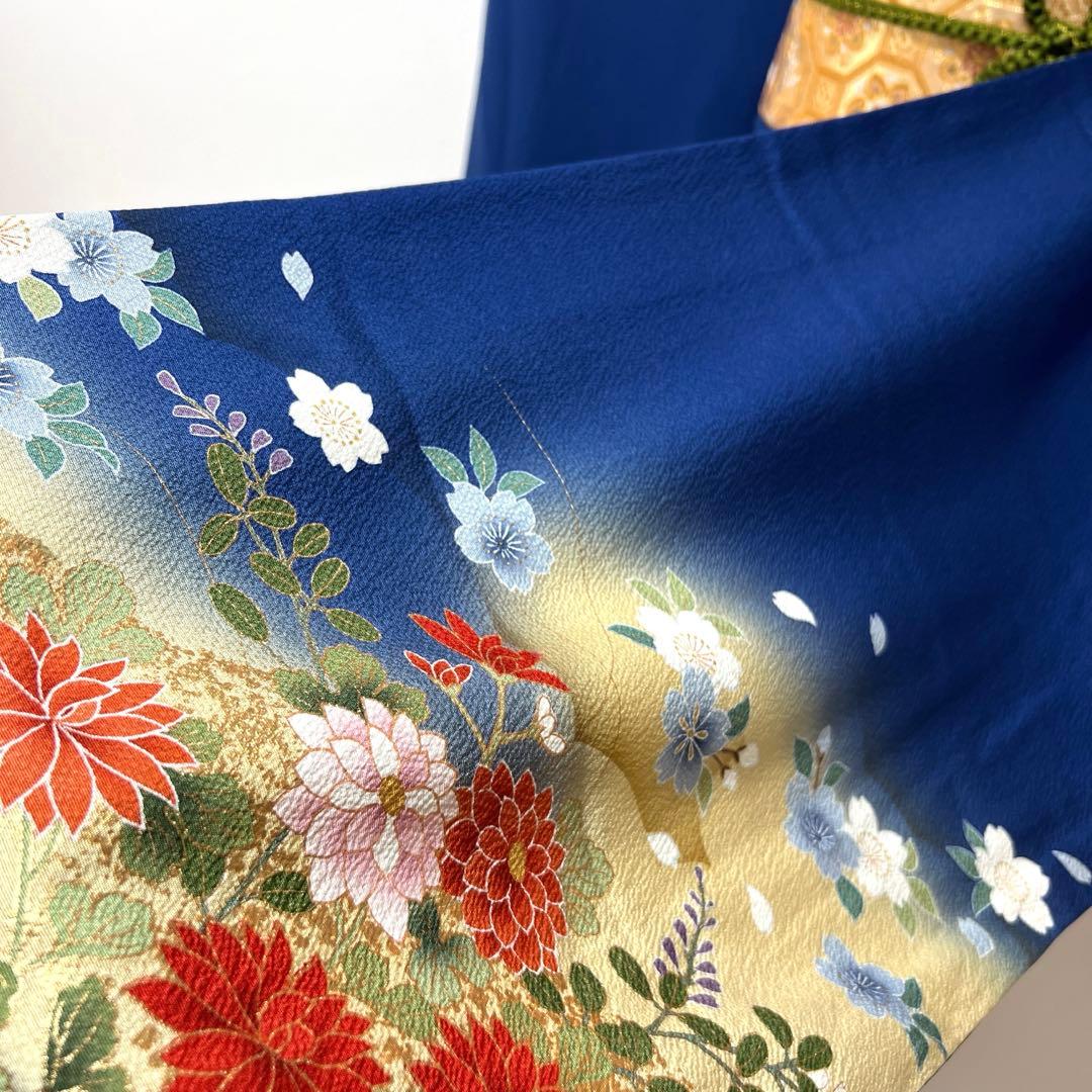 439 振袖フルセット 正絹 顔 紺 ブルー 金彩 暈し染め シンプル 花車文