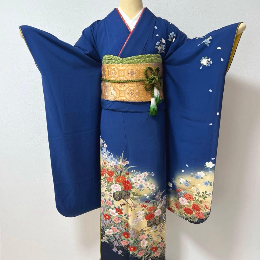 439 振袖フルセット 正絹 顔 紺 ブルー 金彩 暈し染め シンプル 花車文
