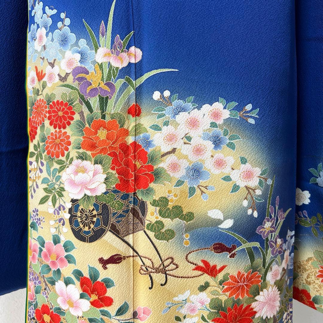 439 振袖フルセット 正絹 顔 紺 ブルー 金彩 暈し染め シンプル 花車文